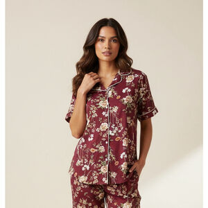 Flora Nikrooz Maroon Floral Short Sleeve Button Down Pajama Sleep Top Small
